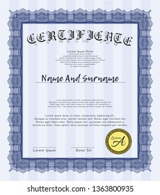 Blue Awesome Certificate template. Modern design. Customizable, Easy to edit and change colors. With guilloche pattern and background. 