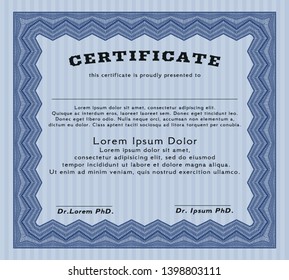 Blue Awesome Certificate template. Modern design. Detailed. With guilloche pattern and background. 