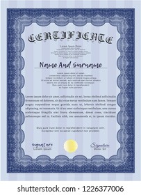 Blue Awesome Certificate template. Money style design. With complex linear background. Customizable, Easy to edit and change colors. 