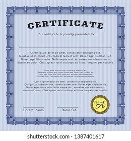 Blue Awesome Certificate template. Money Pattern design. Printer friendly. Vector illustration. 