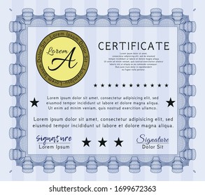 Blue Awesome Certificate template. Money design. Detailed. With great quality guilloche pattern. 