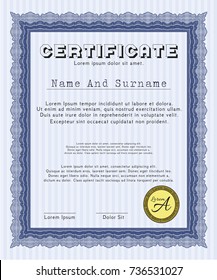 Blue Awesome Certificate template. Money design. With complex background. Detailed. 
