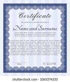 Blue Awesome Certificate template. Nice design. Vector illustration. With great quality guilloche pattern. 
