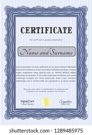 Blue Awesome Certificate template. Perfect design. Easy to print. Vector illustration. 