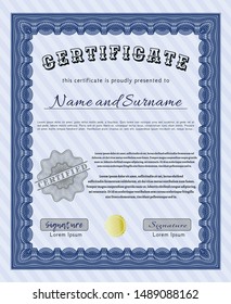 Blue Awesome Certificate template. Printer friendly. Vector illustration. Money design. 