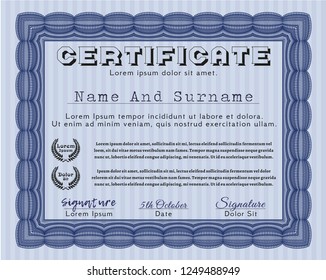 Blue Awesome Certificate template. With quality background. Vector illustration. Money style design. 