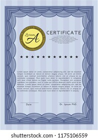 Blue Awesome Certificate template. Retro design. With background. Vector illustration. 
