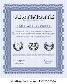 Blue Awesome Certificate template. Retro design. With guilloche pattern and background. Vector illustration. 