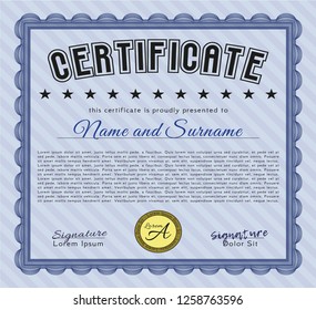 Blue Awesome Certificate template. Retro design. With guilloche pattern and background. Detailed. 