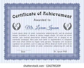Blue Awesome Certificate template. Sophisticated design. Vector illustration. With complex linear background. 
