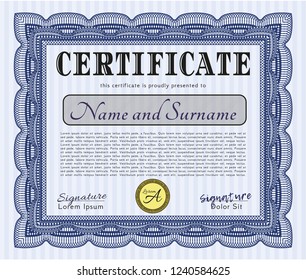 Blue Awesome Certificate template. Superior design. Detailed. With guilloche pattern. 