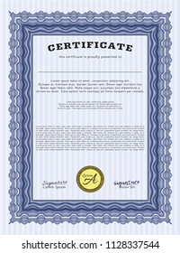 Blue Awesome Certificate template. Vector illustration. With background. Nice design. 