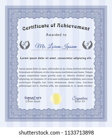 Blue Awesome Certificate template. Vector illustration. Complex background. Money style design. 