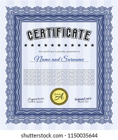 Blue Awesome Certificate template. Vector illustration. With linear background. Excellent design. 