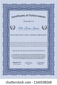 Blue Awesome Certificate template. Vector illustration. With linear background. Retro design. 