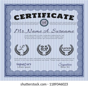 Blue Awesome Certificate template. Vector illustration. With guilloche pattern and background. Sophisticated design. 