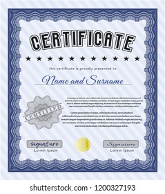 Blue Awesome Certificate template. Vector illustration. With linear background. Perfect design. 