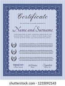 Blue Awesome Certificate template. Vector illustration. Complex background. Sophisticated design. 