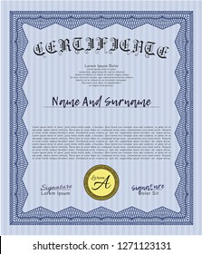 Blue Awesome Certificate template. Vector illustration. With complex linear background. Sophisticated design. 