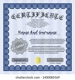Blue Awesome Certificate template. Vector illustration. With background. Superior design. 