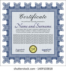 Blue Awesome Certificate template. Vector illustration. With complex linear background. Modern design. 