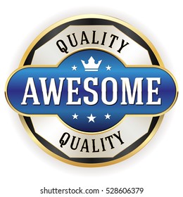 Blue awesome quality badge / Button with gold border on white background