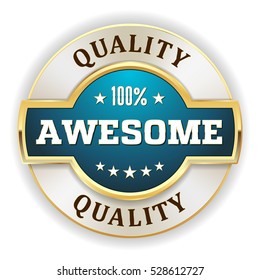 Blue awesome quality badge / button with gold border on white background