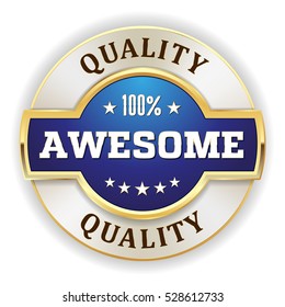 Blue awesome quality badge / button with gold border on white background
