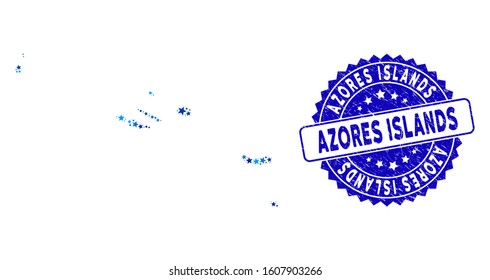 Blue Azores Islands map collage of stars, and grunge round stamp seal. Abstract territorial plan in blue color hues. Vector Azores Islands map is designed of blue stars.