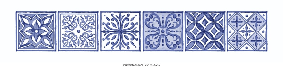 azulejo azul conjunto azulejo decorativo, vetor mão desenhada Portugal cerâmica antigo ornamento tradicional. Watercolor oriental impressão quadrada, floral abstrata marroquino mosaico design interior. Azulejo azulejo arte