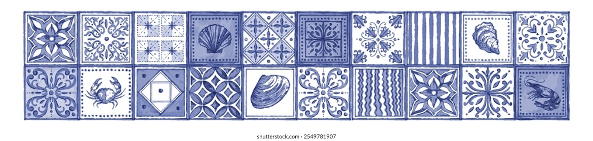 azulejo azul conjunto azulejo decorativo, desenhado à mão Portugal vetor cerâmica antiga ornamento tradicional. Watercolor oriental impressão quadrada, floral abstrata marroquino mosaico design interior. Azulejo azulejo arte