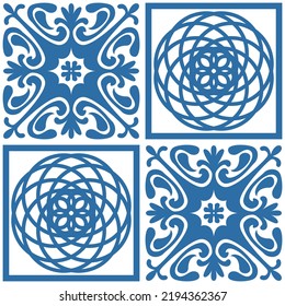 Azulejo azul patrón cuadrado azulejos portugueses para decoración de pared, vector tradicional Ilustración