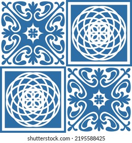 Blue Azulejo square pattern portuguese tiles for wall decor, traditional retro design