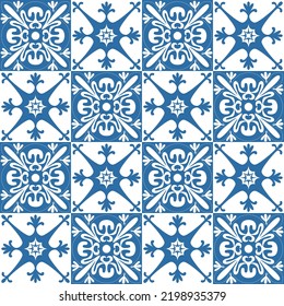 Blue Azulejo square pattern portuguese tiles for wall decor, traditional retro design vector Illustration
