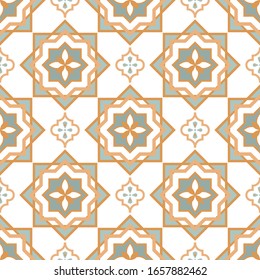 Blue Azulejos pattern portugal tile seamless vector pattern. Mediterranean ceramic tiles design pastel blue gold colors.