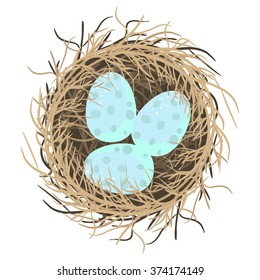 Blue azure eggs in nest isolated illustration on white. Happy Easter holiday spring vector objects for cards and scrapbook.