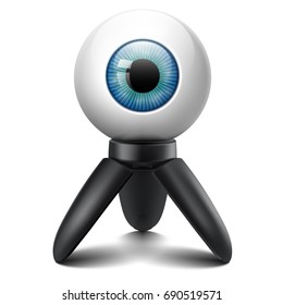 Blue azure eye ball camera 360 degrees tripod stand concept idea realistic vector image illustration 