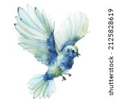 Blue and azure flying bird. Vector traced gentle watercolor painted illustration. 