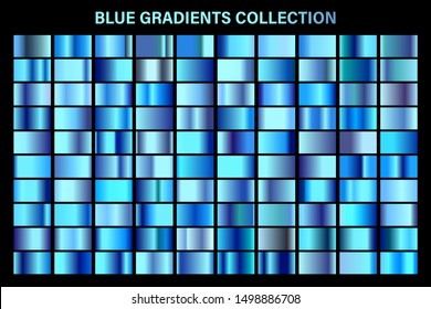 Blue, azure glossy gradient, metal foil texture. Color swatch set. Collection of high quality vector gradients. Shiny metallic background. Design element.