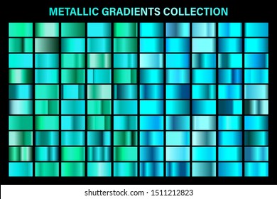 Blue and azure gradient. Glossy metal foil texture. Color swatch set. Collection of high quality gradients. Shiny metallic background. Design element. Vector illustration.