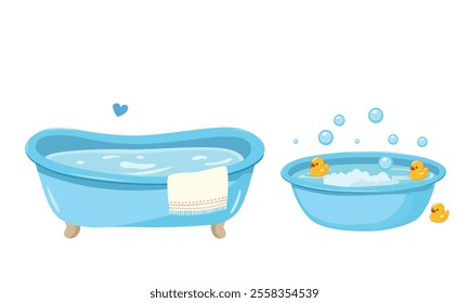 Blue baby bathtub with foam, soap bubbles and a yellow rubber duck. Bathtub cartoon clipart in flat style isolated on white background. Baby shower, baby element set.