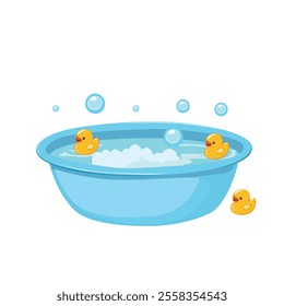 Blue baby bathtub with foam, soap bubbles and a yellow rubber duck. Bathtub cartoon clipart in flat style isolated on white background. Baby shower, baby element set.