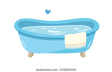 Blue baby bathtub with foam, soap bubbles and a yellow rubber duck. Bathtub cartoon clipart in flat style isolated on white background. Baby shower, baby element set.