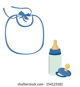 Blue baby  bib, bottle and pacifier for boy vector icon isolated, newborn 