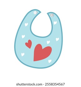 Blue baby bib clipart with red heart. Baby apron vector set in cartoon style.  Baby element, baby shower flat vector isolated on white background. 