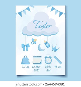 Blue baby birth details poster with cute elements, baby announcement card design with "It's a boy" text, perfect for nursery decor and newborn celebration