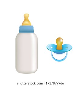 Blue baby bottle and pacifier. vector