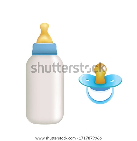 Blue baby bottle and pacifier. vector