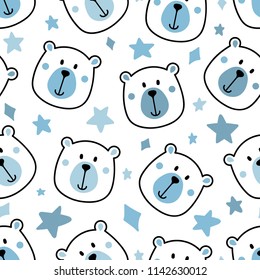 Blue Baby Boy Bear Seamless Repeat Pattern Nursery Star Background