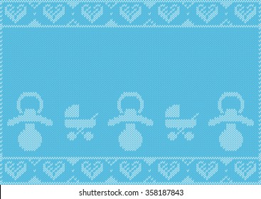 Blue Baby Boy Birth announcement, Knitting Pattern, with little hearts, pacifiers, and a baby carriage. Useful for Postcards. Copy Space